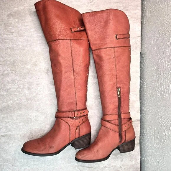 Vince Camuto Equestrian Boots 7.5 Brown Leather Knee High Studded Western Riding - Picture 6 of 14